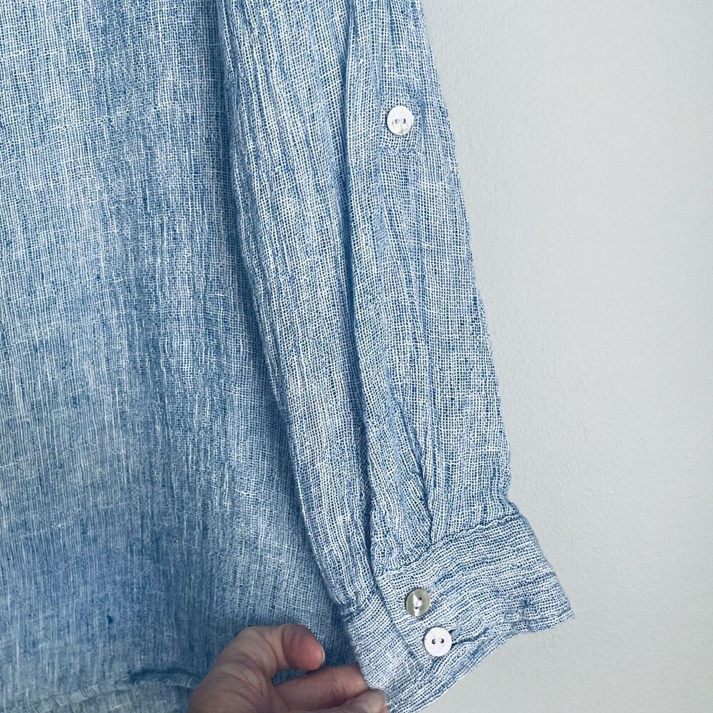 Tahari European Flax 100% Linen Shirt Women's L Blue Woven Textured Button Up - Picture 9 of 13